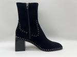 soft suede leather and stretch lycra fabric black Womens Dress ankle Boots with metal zipper design，square abs heel