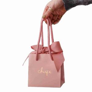 Recycled Small Pink Cardboard Printed Paper Gift Bags Ribbon Handle Bags