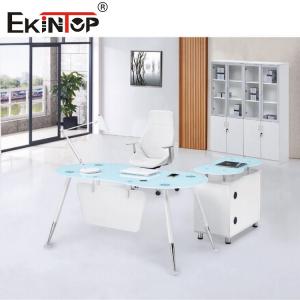 White Blue L Shape CEO Office Glass Desk With Cabinet Smooth Surface