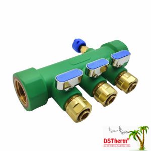 China PPR Manifolds With Ball Valve Hot & Cold Water Blue 3 Ways Manifolds Customized Logo and Color 25mm wholesale