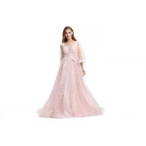 V Neck Pink Half Sleeve Prom Dress , Organza Evening Dresses With Sleeves