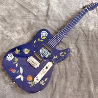 Handmade Painting Flowers on Body Blue Fingerboard and Head Electric Guitar
