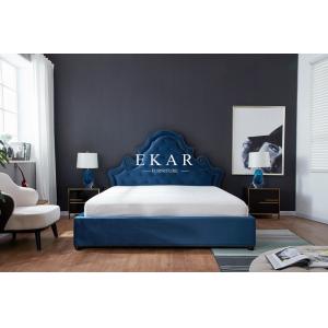 Contemporary Wood Blue Velvet Fabric Double Bed