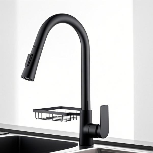 Matte Black Pull Out Kitchen Faucet Stylish Design with Integrated Caddy for Added Convenience