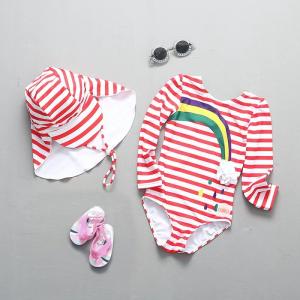 Red Printed Girls Swimming Suits Sunprotection Hat Big Children'S Swimsuit Fashion