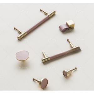 5 Inch Real Leather Handles Cabinet Brass T Bar Pulls Pink Single Hole Knobs
