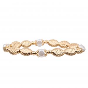 Custom Gold Texture Oval Beads With Natural Fresh Water Pearl  Stretchy Handmade Beads Bracelets