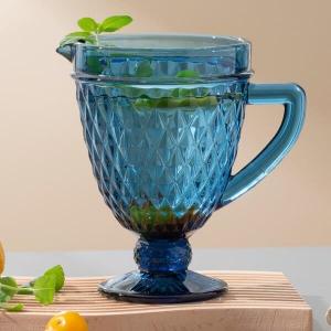 Blue Lead Free Pressed Glass Pitcher 1100ml 20cm Height Water Carafe With Spout