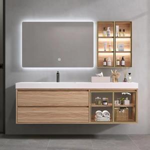 Stereoscopic Mirror Bathroom Vanity Units , Ceramic Wood Basin Cabinet