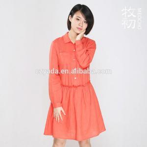 2015 Ladies Short Sleeve Orange Pleats Casual Linen Dress With Shirt Collar