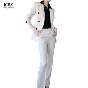 Nonwoven Women's Office White Dress Suit 2023 Top and Pants with Single Button Blazer