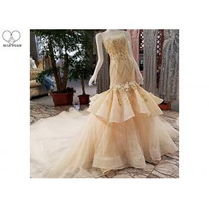 Puffy Tailor Made Prom Dresses / Champagne Fishtail Prom Dress Lace Flowers