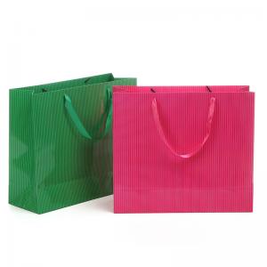 China Art paper material glossy laminated striped paper bag mini bags with ribbon rope supplier