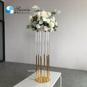 China 130CM 6 Pole Unique Flower Stand Acrylic Crystal Gold Glass Table Centerpieces supplier
