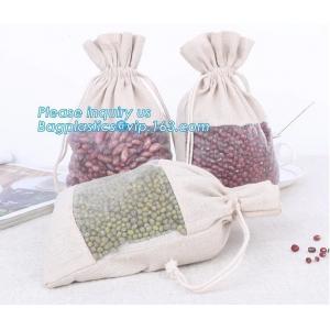 custom packaging mung bean cloth bag cotton hemp drawstring bag with clear plastic mesh window,Jute Drawstring Bag For G