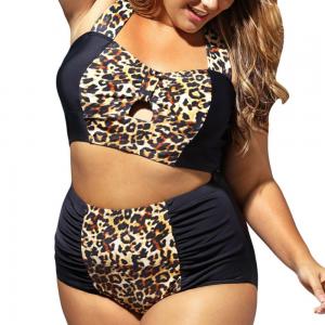 Custom women sexy leopard high waist halter bikini vintage plus size swim