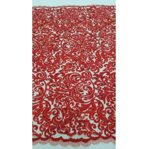 China 125cm Red Embroidered Beaded Lace Fabric , Beaded Bridal Lace By The Yard supplier