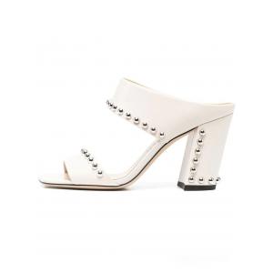 China White Lambskin Ladies Block Heel Sandals Metallic Dome Rubber Outsole supplier
