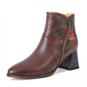 HZM034 Ethnic Style Retro Women'S Boots Autumn And Winter New Leather Women'S Shoes Boots Original Embroidery Thick Heel