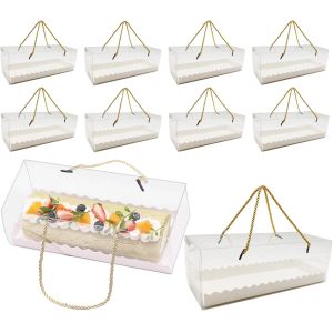 China Clear Roll Cake Boxes With Gold Rope Handle & Cake Boards, Homemade & Bakery Transparent Plastic Gift Boxes，Easy Carrying, Storage Containers For Slice Cake, Christmas Rectangular Transparent Cake Box wholesale