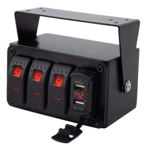 DC12V 24V 3 Gang Red LED Light Rocker Switch Panel Box With Dual 4.8A USB Charger Voltmeter For Car Marine Trucks Boats