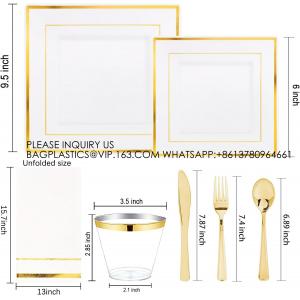 Gold Plastic Plates - Disposable Square Gold Plates Include Dinner Plates Dessert Plates Cups Plastic Cutlery