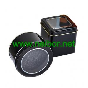 Black color square metal tin watch case watch display box with window and foam 75x75x75mm