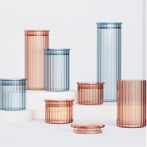 China Color Sprayed Stripe Glass Canisters With Simple PS Lid wholesale