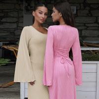 China Stylish Long Sleeve Slim Dress U Neck Back Lace Up Solid Color Long Sleeve Dresses on sale