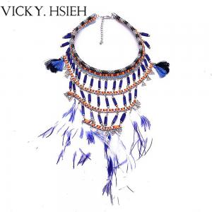 China VICKY.HSIEH Fashion Rhodium Tone Fabric Wrapped Chain Feather Tassel Statement Choker Necklace supplier