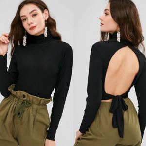 Blank Open Back Long Sleeve Ribbed Turtleneck Crop Top