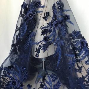 China Navy Blue 3D Flower Lace Fabric with Pearl Beaded Applique for Ladies Dress supplier