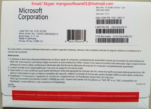 Customized Windows10 Pro Coa License Online Activation FQC-08913 OEM DVD Pack