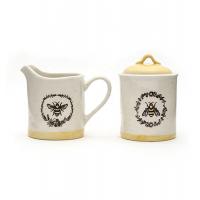 China Pottery Creamer And Sugar Set 3D Bees Silk Printed Sugar With Ceramic Lid Everyday on sale