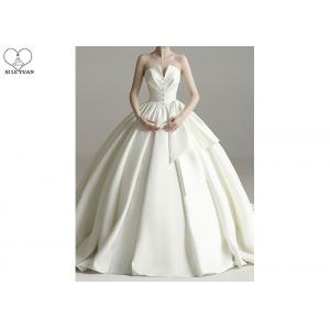 Cream Satin Beautiful Ball Gown Wedding Dress Strapless Big Bow Pleating
