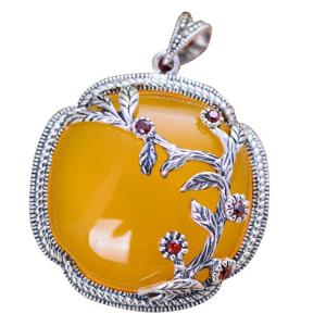 Yellow Chalcedony Charm 925 Silver Vintage Women Pendant Necklace (XH052043)