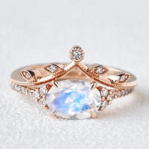 925 Sterling Silver Lady Wedding Ring Sets Inspired Promise Rainbow Natural Moonstone