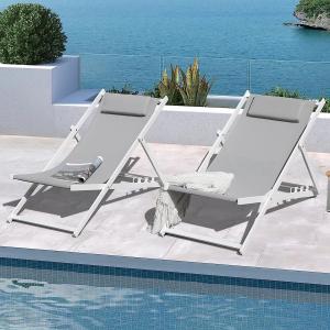 Outdoor Folding Beach Sling Chairs Set, Aluminum Patio Lounge Chair, Portable Beach Chairs, Adjustable Reclining
