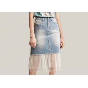 China ODM OEM High Waisted Denim Skirt Tulle Mesh PatchedHem Light Indigo Jeans Wrap Skirt supplier