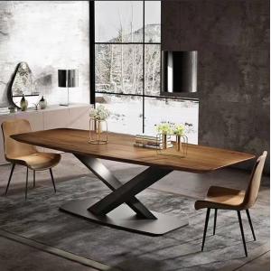 China Luxury X  Cross Industrial Solid Wood Dining Table With Metal Base Grain Pattern supplier