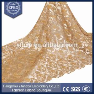 Gold embroidery customizable polyester net lace rose flower mesh fabric with sequins