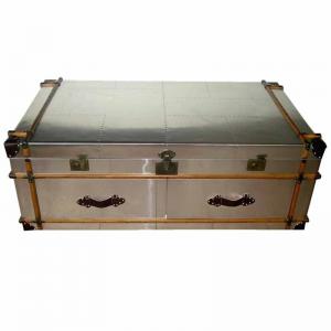 Industrial aviator metal trunk coffee table Aluminium antique steamer trunk silver old trunk table with drawers