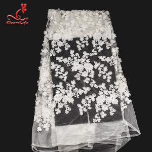 China White 3d Embroidered Lace Fabric For Wedding Dress With Elastic Nylon Net supplier
