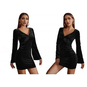 Black Ladies Maxi Dress Velvet Hip Wrap Skirt Flared Sleeves V Neck