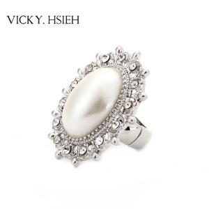 VICKY.HSIEH Rhodium Tone Crystal Rhinestone Pave Lace Stretch Statement Rings with Cream Stone