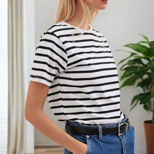 Unisex Striped Short Sleeve Round Neck T-Shirt Woven Technique Plain Dyed Women's Clothing