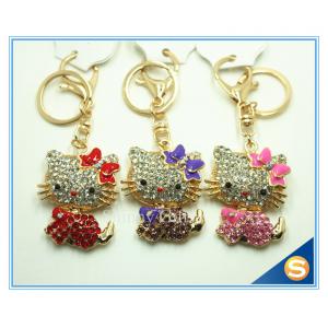 China Custom Fashion Rhinestone Animal Metal Cute Cat Key Ring Three Color For Sale supplier
