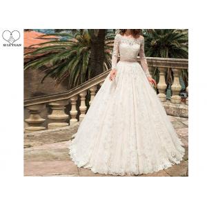 China White Lace Elegant Long Sleeve Wedding Dresses Beaded Belt Floor Length supplier