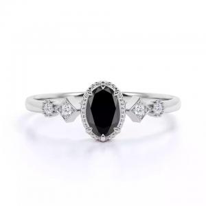 Oval Cut Black and White Diamond Accents Milgrain 5 Stone Engagement Ring 1.5 Carat