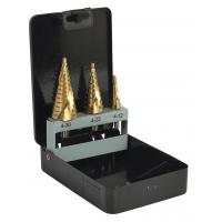 China 3Pcs Titanium Spiral Flute Step Drill Bit Set Hex Shank Packaging In Metal Box on sale